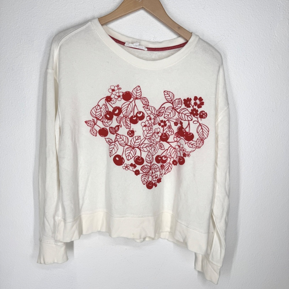 Jane Delancey Womens Flocked Cherry Heart Graphic Sweatshirt Size M Ladybug Red